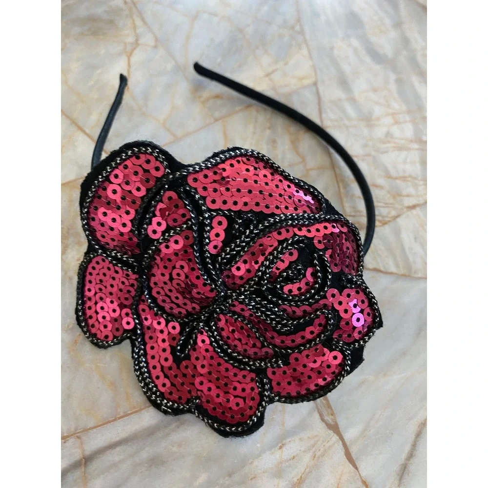 Pink Sequin Rose Statement Headband Black Thin Band Floral Glam Accessory